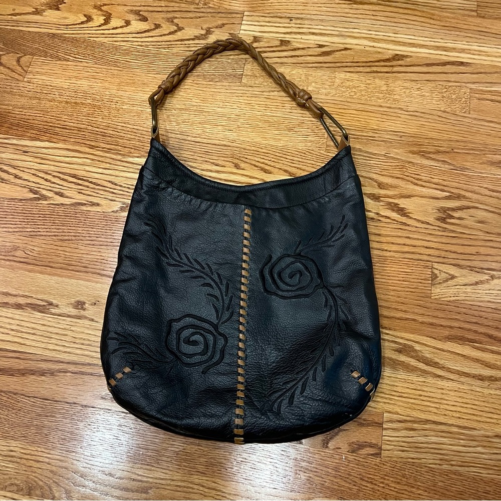 MUXO by Camila Alves RARE Large Leather Bag Color BLACK/BROWN Embroidered EUC